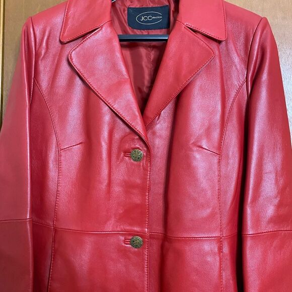 JCCOLLECTION Leather Coat German Half Trench Lined Notched Lapel Womens M Red - Picture 14 of 15